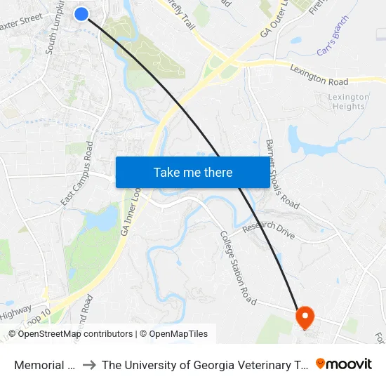 Memorial Hall Ib to The University of Georgia Veterinary Teaching Hospital map