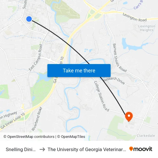 Snelling Dining Hall Ib to The University of Georgia Veterinary Teaching Hospital map