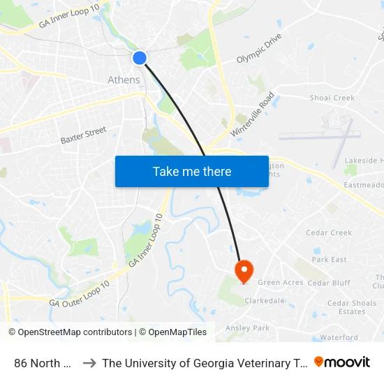 86 North Avenue to The University of Georgia Veterinary Teaching Hospital map