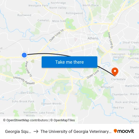 Georgia Square Mall to The University of Georgia Veterinary Teaching Hospital map