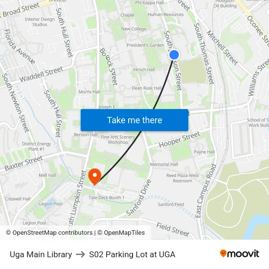 Uga Main Library to S02 Parking Lot at UGA map