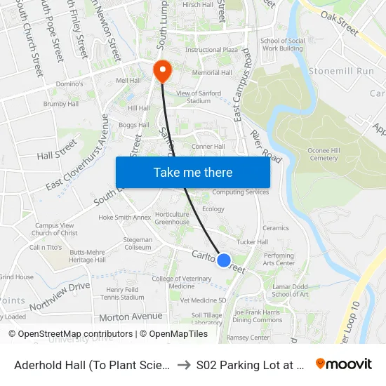 Aderhold Hall (To Plant Science) to S02 Parking Lot at UGA map