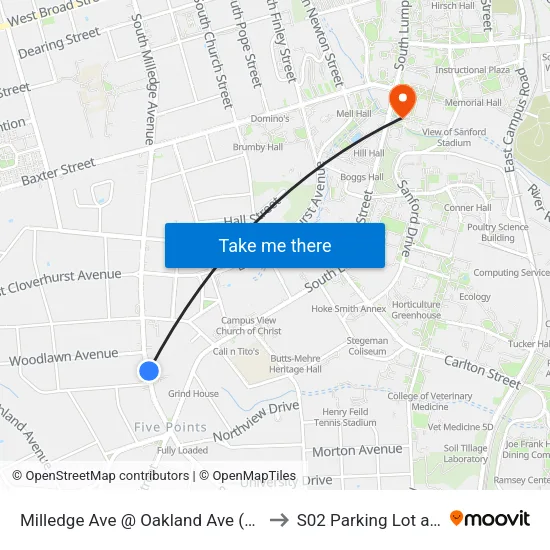 Milledge Ave @ Oakland Ave (Tri-Delta) to S02 Parking Lot at UGA map