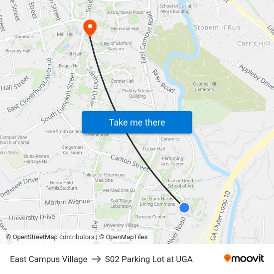 East Campus Village to S02 Parking Lot at UGA map