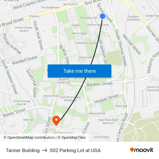 Tanner Building to S02 Parking Lot at UGA map