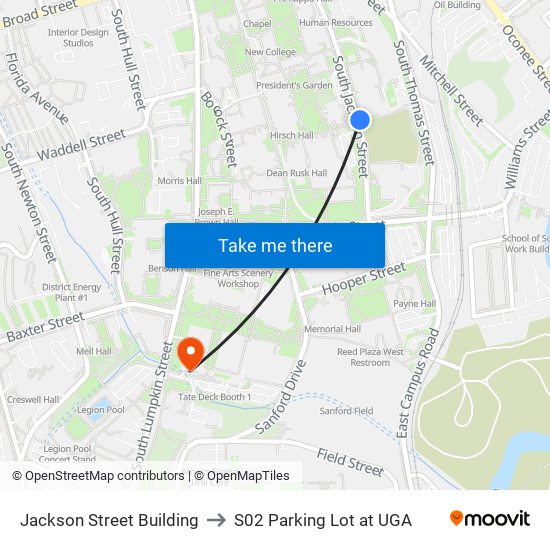 Jackson Street Building to S02 Parking Lot at UGA map