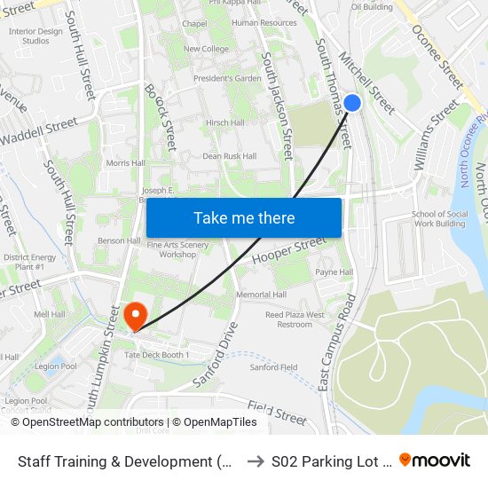 Staff Training & Development (Northbound) to S02 Parking Lot at UGA map