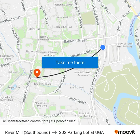 River Mill (Southbound) to S02 Parking Lot at UGA map