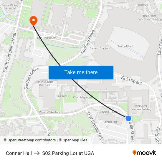 Conner Hall to S02 Parking Lot at UGA map