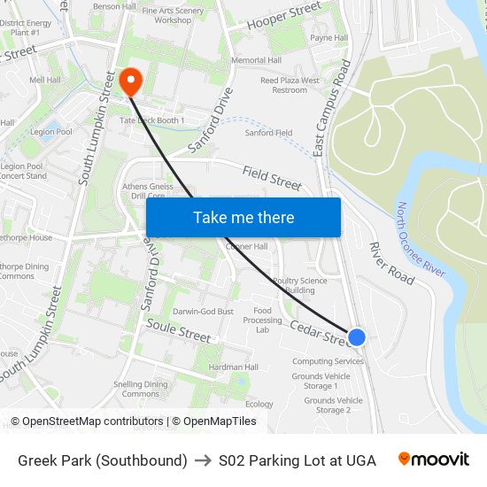 Greek Park (Southbound) to S02 Parking Lot at UGA map