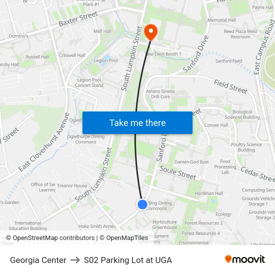 Georgia Center to S02 Parking Lot at UGA map