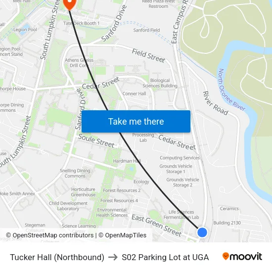 Tucker Hall (Northbound) to S02 Parking Lot at UGA map