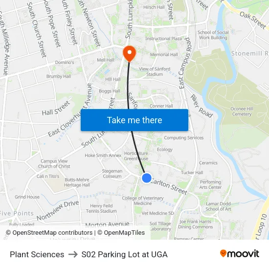 Plant Sciences to S02 Parking Lot at UGA map
