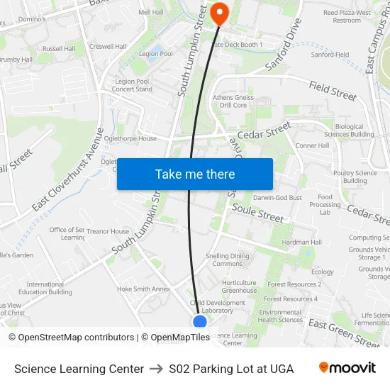 Science Learning Center to S02 Parking Lot at UGA map