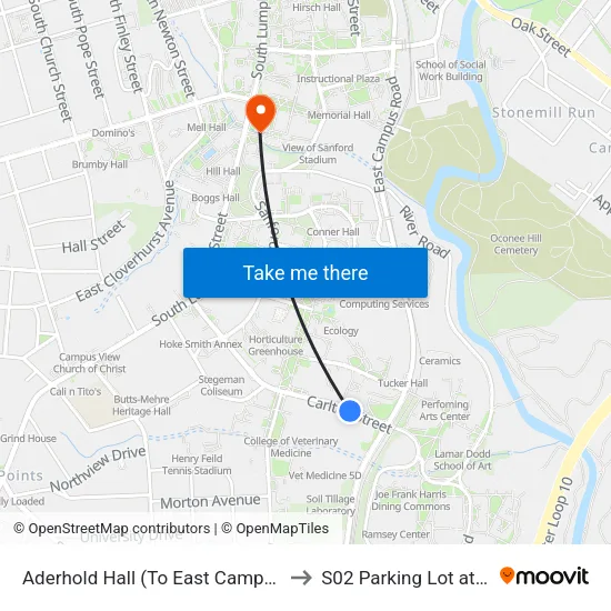 Aderhold Hall (To East Campus Rd.) to S02 Parking Lot at UGA map