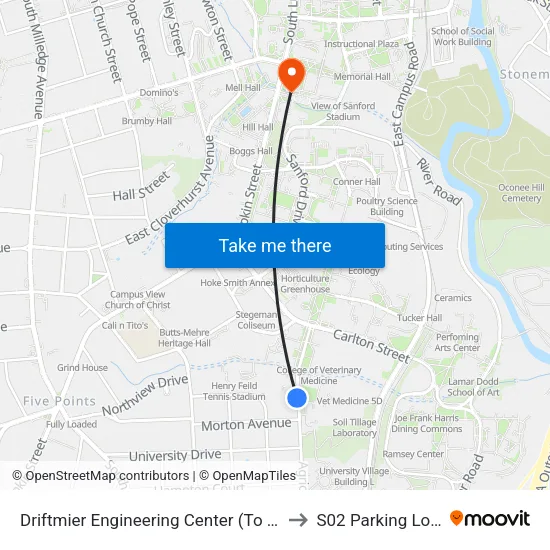 Driftmier Engineering Center (To College Station) to S02 Parking Lot at UGA map