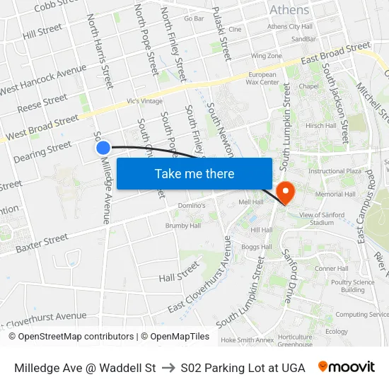 Milledge Ave @ Waddell St to S02 Parking Lot at UGA map