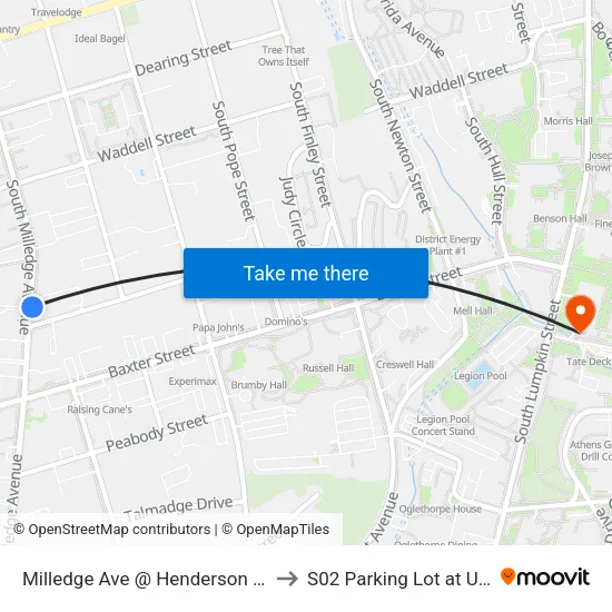 Milledge Ave @ Henderson Ave to S02 Parking Lot at UGA map