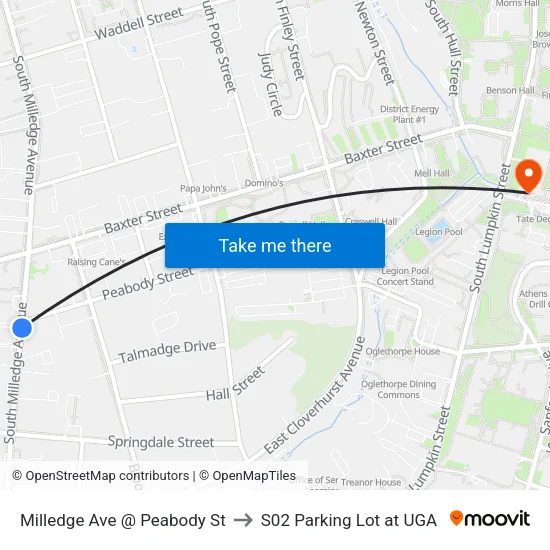 Milledge Ave @ Peabody St to S02 Parking Lot at UGA map