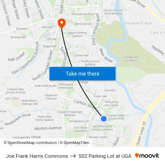 Joe Frank Harris Commons to S02 Parking Lot at UGA map