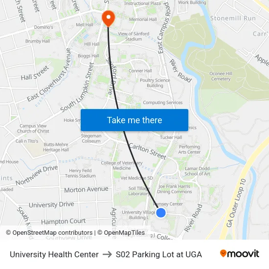 University Health Center to S02 Parking Lot at UGA map