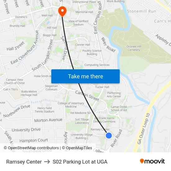 Ramsey Center to S02 Parking Lot at UGA map