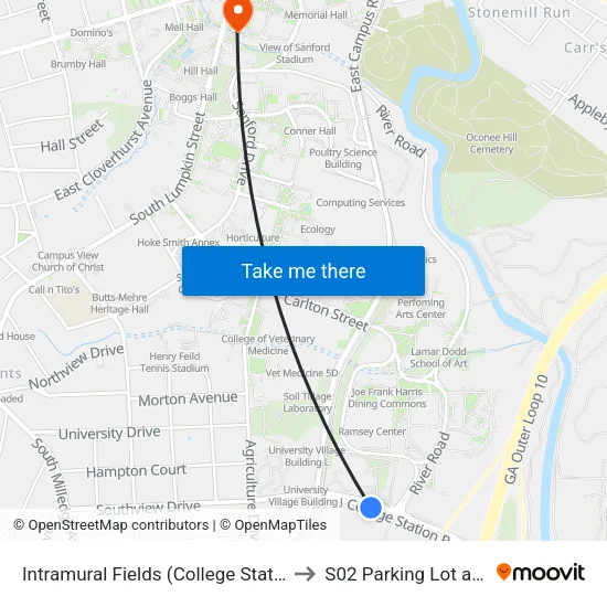 Intramural Fields (College Station Rd.) to S02 Parking Lot at UGA map