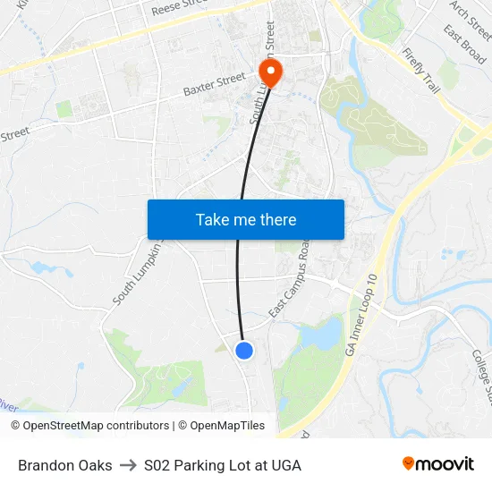 Brandon Oaks to S02 Parking Lot at UGA map