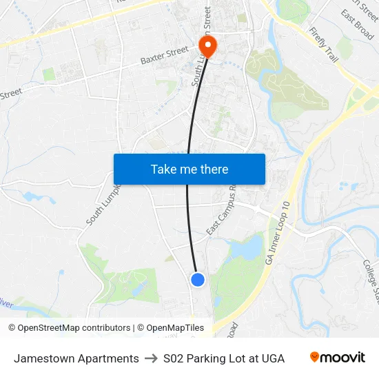 Jamestown Apartments to S02 Parking Lot at UGA map