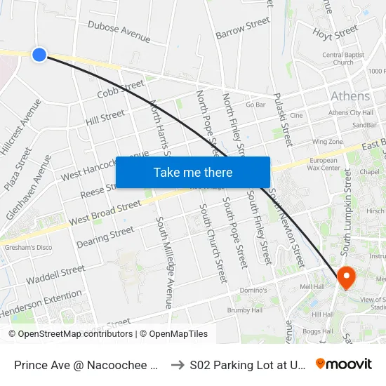 Prince Ave @ Nacoochee Ave to S02 Parking Lot at UGA map