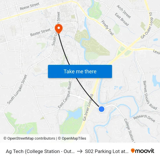 Ag Tech (College Station - Outbound) to S02 Parking Lot at UGA map