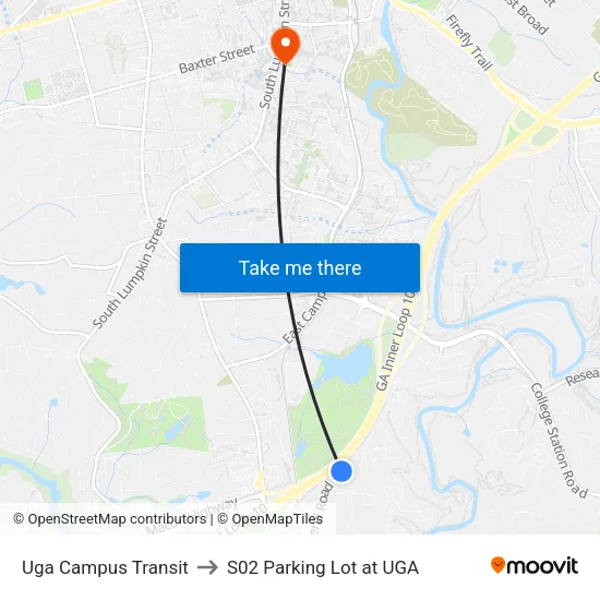 Uga Campus Transit to S02 Parking Lot at UGA map