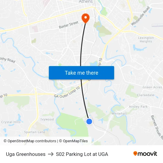 Uga Greenhouses to S02 Parking Lot at UGA map