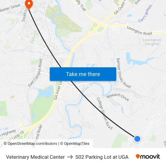 Veterinary Medical Center to S02 Parking Lot at UGA map
