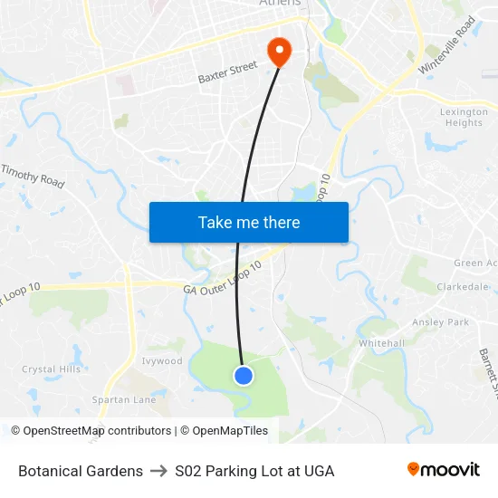 Botanical Gardens to S02 Parking Lot at UGA map