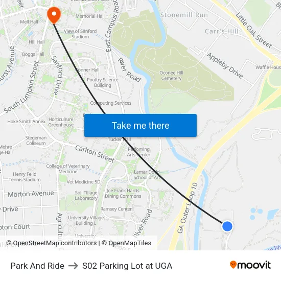 Park And Ride to S02 Parking Lot at UGA map