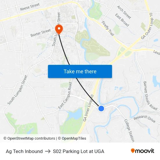 Ag Tech Inbound to S02 Parking Lot at UGA map