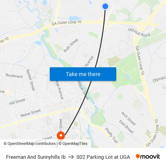 Freeman And Sunnyhills Ib to S02 Parking Lot at UGA map