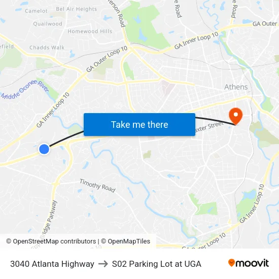 3040 Atlanta Highway to S02 Parking Lot at UGA map