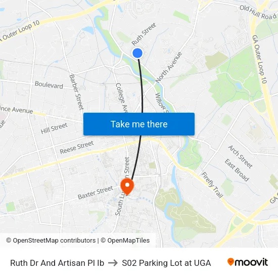 Ruth Dr And Artisan Pl Ib to S02 Parking Lot at UGA map