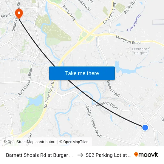 Barnett Shoals Rd at Burger King Ib to S02 Parking Lot at UGA map