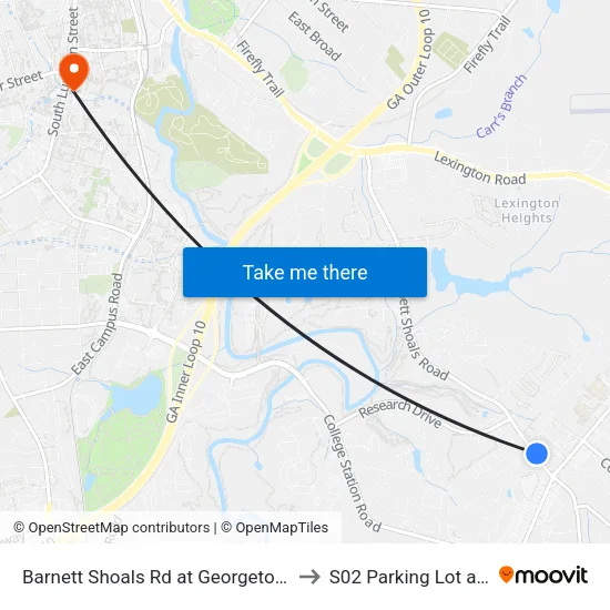 Barnett Shoals Rd at Georgetown Cir Ib to S02 Parking Lot at UGA map