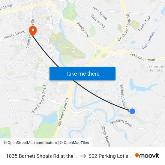 1035 Barnett Shoals Rd at the Summit to S02 Parking Lot at UGA map