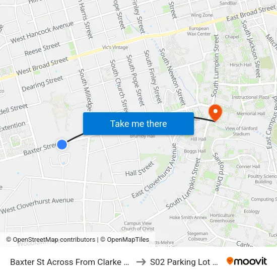 Baxter St Across From Clarke Central Ib to S02 Parking Lot at UGA map