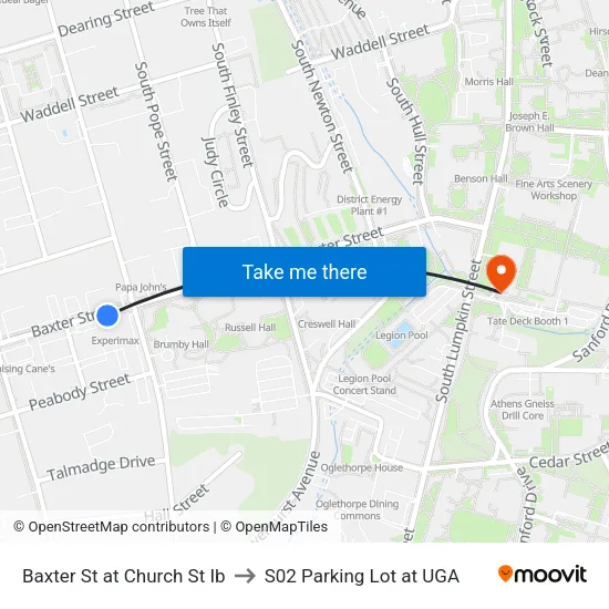 Baxter St at Church St Ib to S02 Parking Lot at UGA map