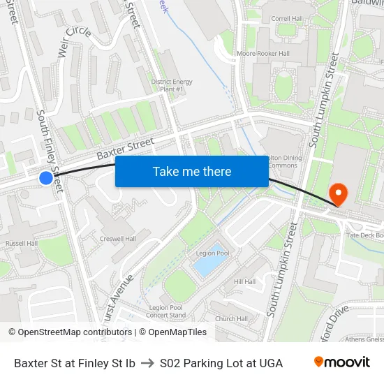 Baxter St at Finley St Ib to S02 Parking Lot at UGA map
