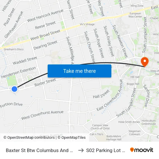 Baxter St Btw Columbus And Collins Ob to S02 Parking Lot at UGA map