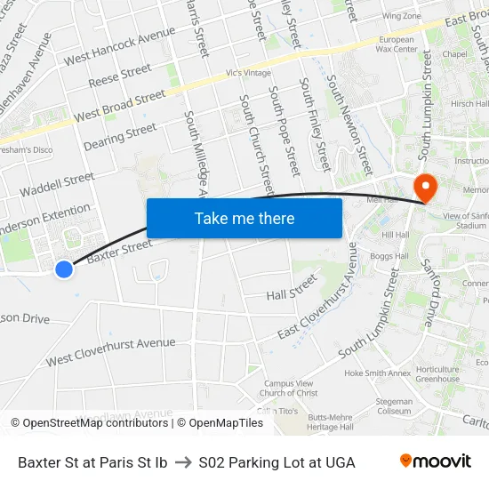 Baxter St at Paris St Ib to S02 Parking Lot at UGA map