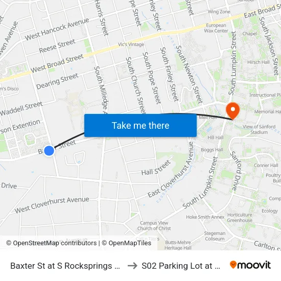 Baxter St at S Rocksprings St Ib to S02 Parking Lot at UGA map