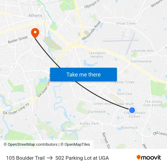 105 Boulder Trail to S02 Parking Lot at UGA map